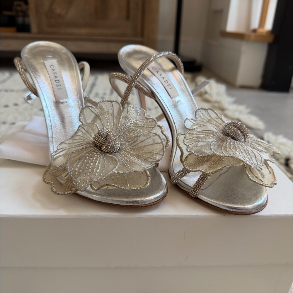 Casadei Metallic Silver Floral Heels